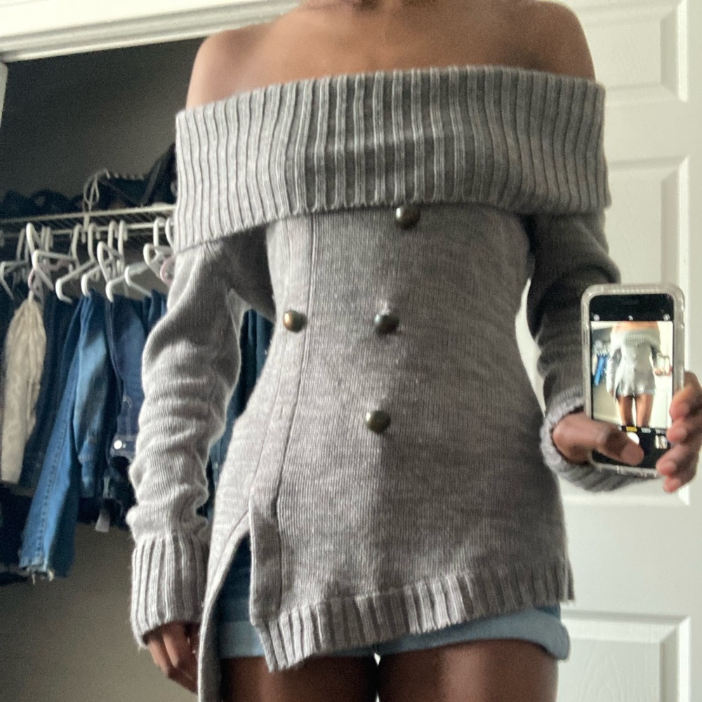 Gray Button-Front Women's Off shoulder Sweater